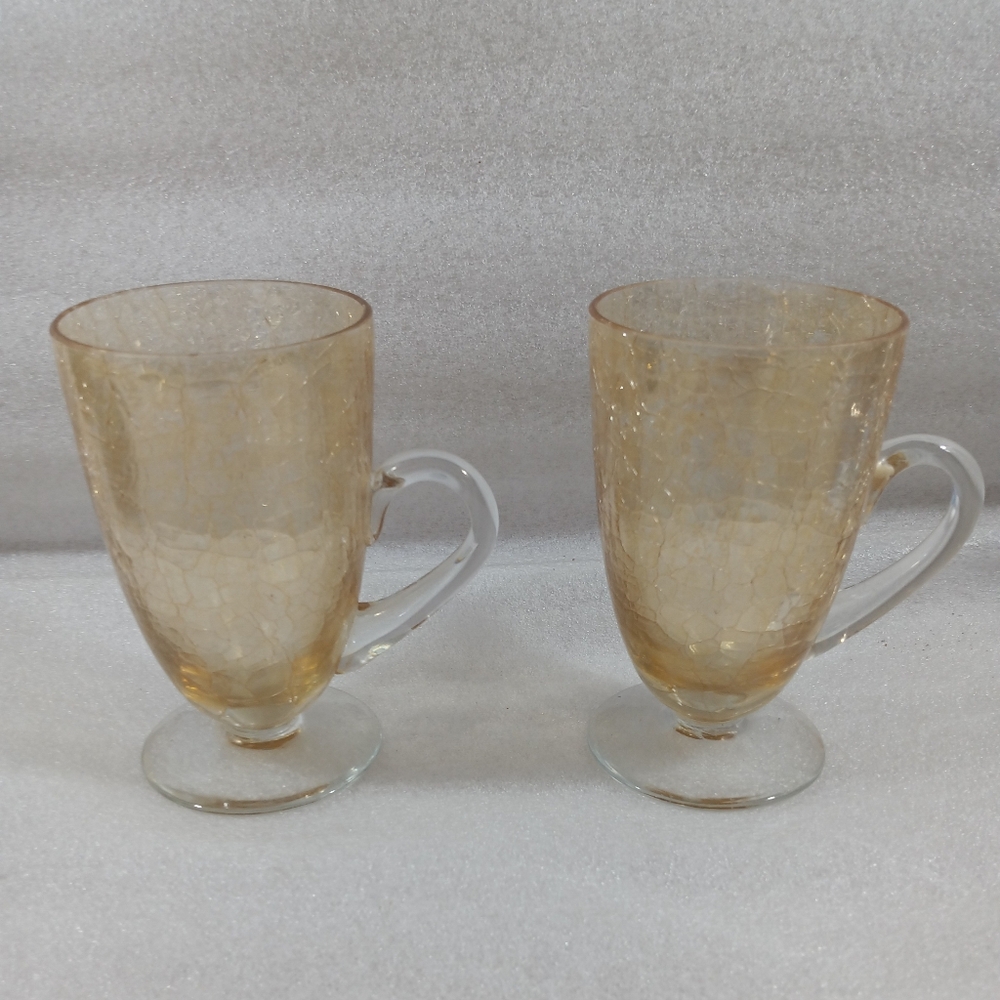 Vintage Crackle Glass Amber Footed Tumbler Iced  Coffee Goblet 2 Pcs MCM